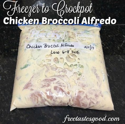 Freezer to Crockpot Chicken Broccoli Alfredo Recipe. This is a very easy, kid-friendly recipe - you will feel like you are at Olive Garden or your favorite Italian Restaurant Freezer Chicken Broccoli Alfredo, Freezer Crockpot Meals Kid Friendly, Freezer Alfredo Sauce, Freezer Chicken Alfredo, Freezer Alfredo, Broccoli Freezer Meal, Frozen Chicken Alfredo, Alfredo Freezer Meal, Chicken Freezer Meals Crockpot