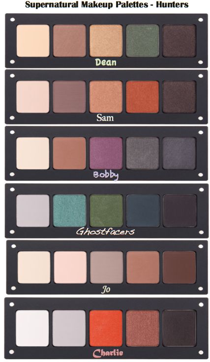 Supernatural Makeup Palette 1: Hunters. I love makeup. I love Supernatural. So I made a group of palettes to combine my loves and this is the one for the hunters. -Amber Morphe Supernatural Glow Looks, 350 Supernatural Glow Morphe Looks, Supernatural Makeup Ideas, Supernatural Makeup, Supernatural Seasons Summary, Korn Eyeshadow Palette, Quest For Camelot, I Love Makeup, Makeup Palette