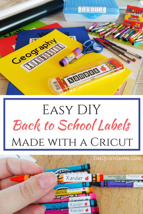 Easy DIY Back to School Labels Made with a Cricut via @TheQuietGrove Kids School Labels, Back To School Labels, Pencil Labels, School Name Labels, Kids Name Labels, Make Your Own Labels, School Supplies Highschool, Cricket Projects, Diy Back To School