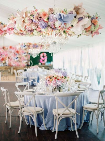 Pretty pastels: http://www.stylemepretty.com/australia-weddings/victoria-au/melbourne/2015/09/07/20-flower-chandeliers-that-take-your-decor-to-new-heights/ Gold Tables, Blue And Blush Wedding, Blush Wedding Colors, Candelabra Wedding, Pink Wedding Colors, Wedding Autumn, Wedding Color Combos, Light Blue Wedding, Flower Chandelier