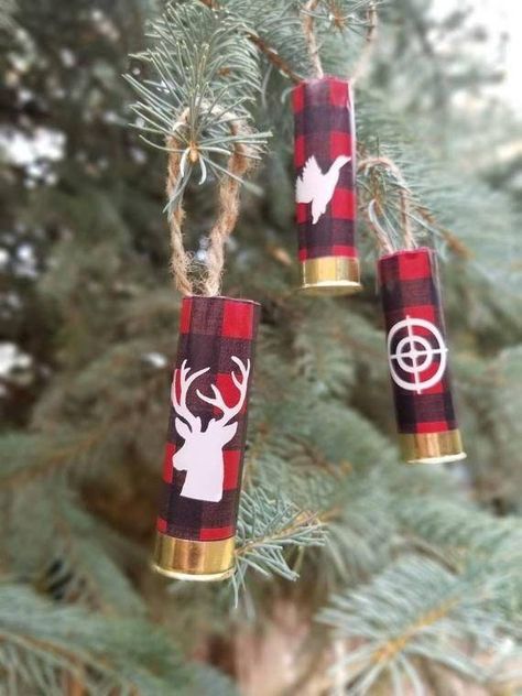 Hunting Christmas Ornaments Red Plaid with Silhouettes are made from recycled 12 gauge shells.  These shells have brass bottoms.  The shells are recycled from my local, outdoor range in the mountains. They are cleaned and then hand-polished.  They are then wrapped in a red and black plaid vinyl, with your choice of silhouette design. They come with a twine hanger. Want a different animal/design that's not listed? Contact me! Brands of shells may vary by availability. If you want a specific one, please contact me prior to ordering to check for availability. Hunting Christmas Ornaments, Shell Christmas Ornaments, Bullet Casing Crafts, Shotgun Shell Crafts, Hunting Crafts, Bullet Crafts, Bullet Art, Outdoor Range, Shotgun Shell