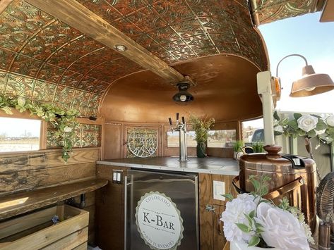 Interior of horse trailer bar. Copper tin roof and 3 tap kegerator. Travel Bar Interior, Cattle Trailer Bar, Mobile Horse Trailer Bar Names, Horsebox Bar Interior, Horse Trailer Beverage Bar, Travel Bar Trailer, Horse Trailer Bar Interior Ideas, Horse Trailer Interior Remodel Bar, Horse Trailer Business