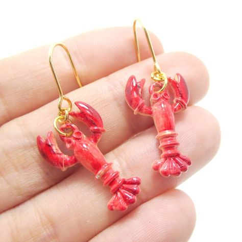 Lobster Crayfish Shaped Dangle Earrings in Red | Animal Jewelry Lobster Crafts, Lobster Jewelry, Red Lobsters, Rock Lobster, Quirky Jewelry, Enamel Plate, Quirky Earrings, Clay Baby, Red Lobster