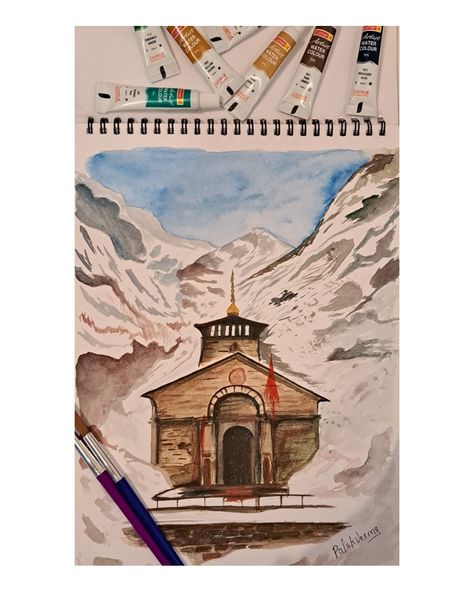 Its a watercolor painting 🎨✨#india #kedarnath Kedarnath Watercolor Painting, Kedarnath Art, Kedarnath Painting, Temple Watercolor, Kedarnath Temple, Indian Illustration, Drawing Prompts, Inspiration Painting, Creative Drawing Prompts