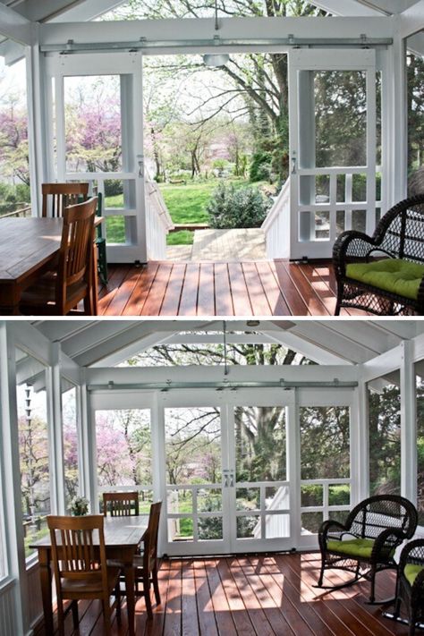 Screened In Farmhouse Porch, Farmhouse Style Screened Porch, Corner Screened In Porch, Screened In Porch French Doors, Screen Porch Double Doors, Screened Porch With Double Doors, Screened In Porch Off Bedroom, Adding Screened Porch To Front Of House, Screened In Porch Door Ideas