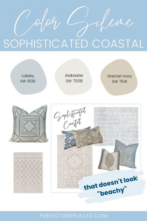 Lullaby Sw Paint, Blue And Tan Coastal Living Room, Lullaby Blue Sherwin Williams, She Twin Williams Coastal Colors, Sw Lullaby Paint Bathroom, Coastal Sherwin Williams Colors, Sophisticated Coastal Decor, California Coastal Color Palette, Sw Lullaby Paint