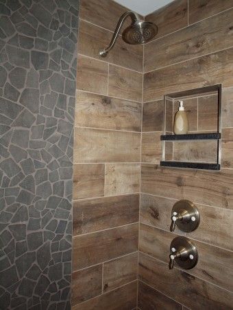 wood look tile in shower Wood Tile Shower, Rustic Bathroom Shower, Wood Grain Tile, Wood Tile Bathroom, Wood Wall Tiles, Tile Tub Surround, Porcelain Tile Bathroom, Porcelain Wood Tile, Smitten Kitchen