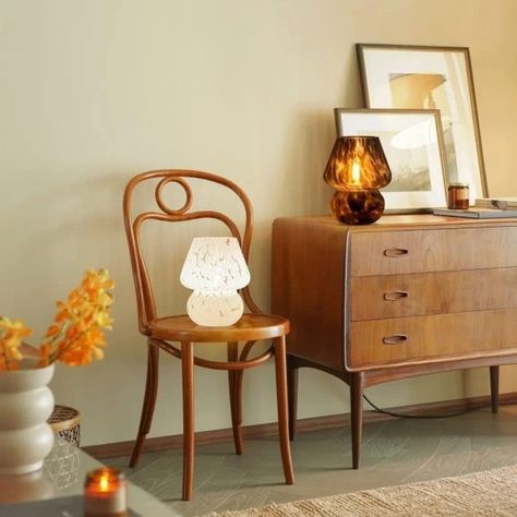 25 Small Table Lamps To Enhance Your Home's Lighting Scheme Nightstand Vintage, Glass Bedside Lamps, Decorative Night Lights, Bedroom Nightstand, Mushroom Table, Home Decor For Living Room, Aesthetic Home Decor, Dorm Living, Glass Desk