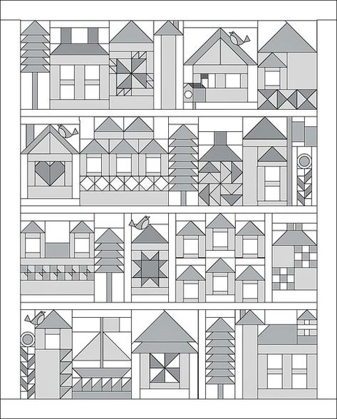 Moda Be My Neighbor Free Quilt Pattern House Quilt Block, House Quilt Patterns, Row Quilt, Sampler Quilts, Picture Quilts, House Quilts, Patchwork Quilting, Paper Piecing Patterns, Scrappy Quilts