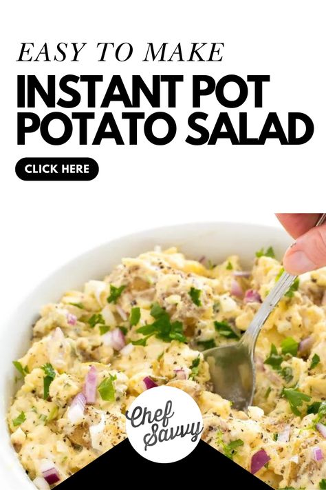 Save this Easy Loaded Instant Pot Potato Salad Recipe! This Instant Pot Potato Salad recipe is sure to be your new favorite way to prepare this classic summer side dish! Make it in just minutes using your pressure cooker. No sweating over a hot stove required! Perfect for summer barbecues! Follow Chef Savvy for more Instant Pot Recipes! Instant Pot Potato Salad, Loaded Potato Salad, Chef Savvy, Potato Salad Healthy, Baked Potato Salad, Potato Salad With Egg, Summer Side Dish, Pasta Side Dishes, July Recipes