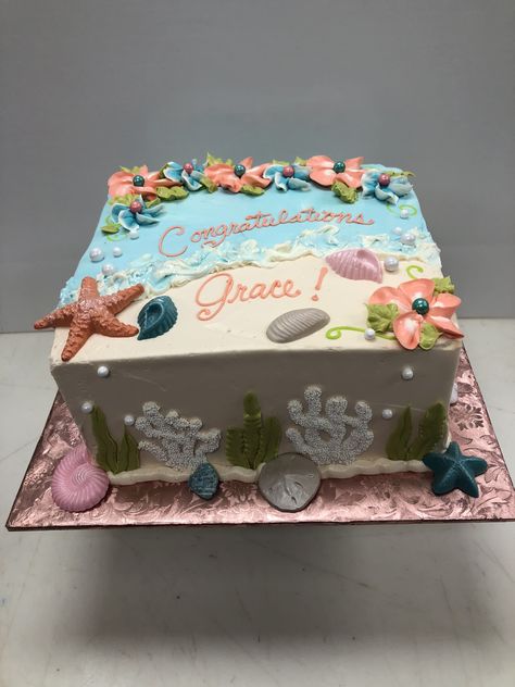 Square Ocean Cake, Beach Theme Sheet Cakes Birthday, Beach Theme Sheet Cake, Buttercream Seashells, Ocean Sheet Cake, Beach Sheet Cake, Sheet Cakes Decorated, Cake Mermaid, Flowers And Chocolate