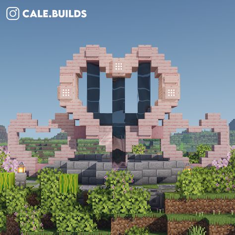 three hearts fountain Heart Fountain Minecraft, Minecraft World Themes, Minecraft Curved Staircase, Cute Minecraft Decorations, Minecraft Wonderland, Minecraft Moon House, Minecraft Heart Build, Things To Add To Your Minecraft World, Minecraft Bridge Design