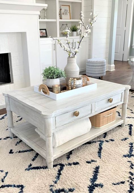 Coastal Cottage Coffee Table, White Coastal Coffee Table, Modern Costal Decorating Coffee Tables, Living Room With White Coffee Table, White Wash Wood Coffee Table, Coastal Chic Furniture, White Wooden Coffee Table, Off White Coffee Table, White Farmhouse Coffee Table