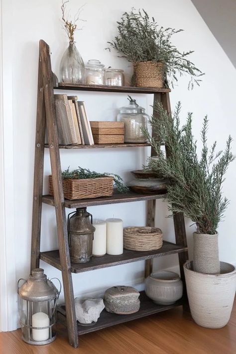 "Transform a vintage ladder into a beautiful DIY Shelf! 🛠️🪜 Perfect for adding character and style to your home decor. 🌟✨ #RusticDecor #DIYLadderShelf #HomeDesign" Vintage Ladder Shelf, Decorate A Ladder Shelf, Ladder Shelf Styling, Cottage Core Apartment, Diy Ladder Shelf, Ladder Shelf Decor, Mountain Home Interiors, Decorative Ladder, Diy Shelf