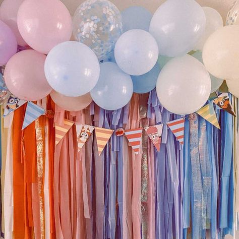 Bluey Party Color Scheme, Bluey Bingo Birthday Party Ideas, Bluey Birthday Party Ideas Pastel, Bluey Birthday Party Table, 2nd Birthday Party Bluey, Bluey Birthday Party Table Decor, Bluey Birthday Party Backdrop, Bluey Party Backdrop, Bluey Birthday Balloons