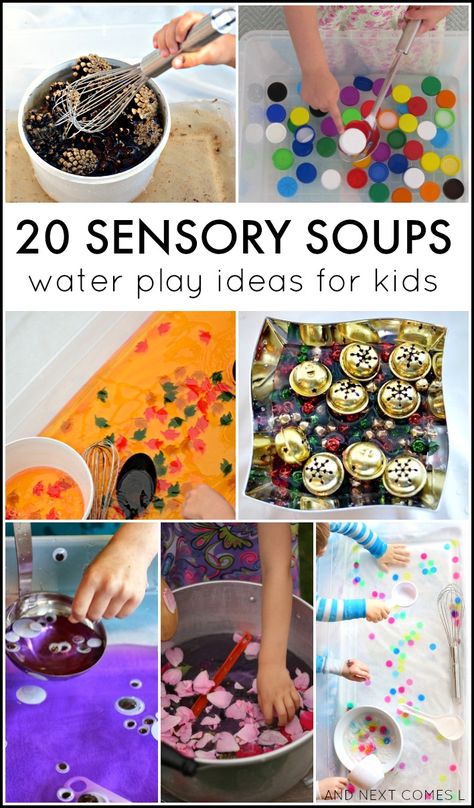 20 water sensory soup ideas for toddlers and preschoolers from And Next Comes L Water Sensory Play, Sensory Bin Ideas, Sensory Tubs, Soup Ideas, Colored Water, Sensory Ideas, Sensory Bottles, Sensory Table, Kids Water