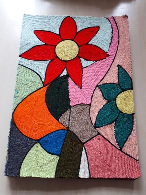 Yarn Painting Ideas, Yarn Canvas Art Ideas, Yarn On Canvas Art, Yarn Art On Canvas, Yarn Painting Art, Different Types Of Yarn, Huichol Yarn Painting, Yarn Art Projects, Tissue Paper Art