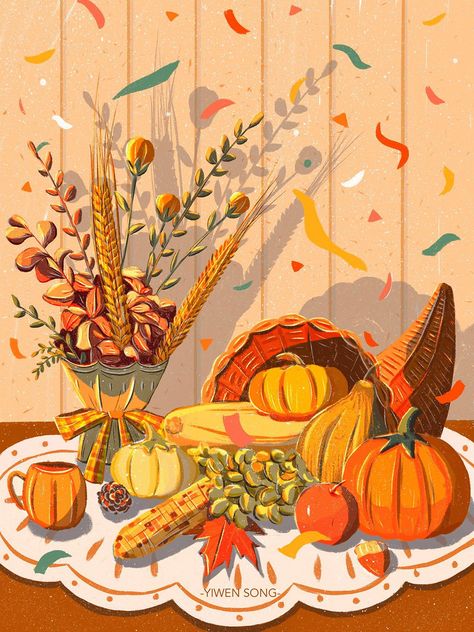 Thanksgiving Character Design, Thanksgiving Dinner Illustration, Gratitude Illustration Art, Thanksgiving Illustration Art, Thanksgiving Posters, Thanksgiving Artwork, Themes To Draw, Thanksgiving Illustration, List Of Themes