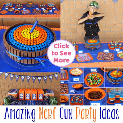 Thinking about throwing a NERF themed party for the birthday boy or girl this year? We’ve got you covered! Here is a guide to decorations, games, and food for a NERF themed party. Nerf Birthday Party Ideas Cake, Nerf Battle Birthday Party, Nerf Birthday Party Ideas Food, Nerf Cake Ideas, Nerf Party Decorations, Nerf Party Food, Nerf Birthday Cake, Nerf Birthday Party Ideas, Nerf Birthday Invitations