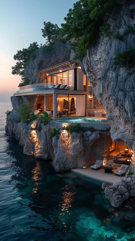 Luxury Vacation Homes, Vacation House Exterior, Vacation House Design, Luxury Lake House, Cliffside House, Modern Vacation Home, Beachfront House, Dream Life House, House Arch Design