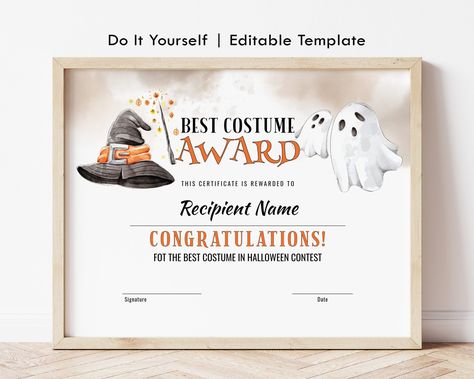 Halloween Certificate Template, Editable Halloween Best Costume Professional Halloween Costumes, Halloween Certificate, Best Costume Award, Halloween Costume Awards, Participation Certificate, Hat Printable, Graduation Certificate Template, Tooth Fairy Certificate, Free Powerpoint Presentations