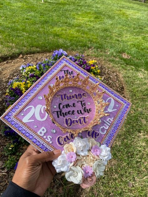 Graduation Cap Designs Early Grad, Decorate Caps For Graduation, Glam Graduation Cap, Graduation Caps With Crowns, Crown Cap Graduation, Crown Graduation Cap Ideas, Crown On Graduation Cap, Delayed But Never Denied Graduation Cap, Graduation Cap Designs With Crown