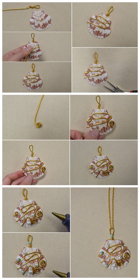 #Beebeecraft Instructions on How to Make a Puka #ShellPendant #Necklace Sea Shell Jewelry Diy Wire Wrap, How To Wire Wrap Sea Shells, How To Make Seashell Jewelry, Seashell Wire Wrap, Wire Wrap Seashells, Wire Wrapped Shell Jewelry, How To Make A Shell Necklace, How To Make Shell Jewelry, How To Make Shell Necklace