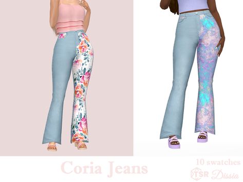 High waist bell flare jeans with patterned one leg and pockets - 10 swatches #sims4 #sims4cc #sims 4 #sims 4 cc #sims4 cc #ts4 #ts4cc #ts4 cc #maxis mix #maxis match #maxis-mix #sims clothes #sims 4 clothes #sims 4 bottom #sims 4 pants #y2k #flower #flowers #floral #boho #jeans Sims 4 Cc Bohemian Clothes, Sims 4 Pants, Sims Victorian, Christmas Projects For Kids, Women Kpop, Y2k Flower, Mint Outfit, Sims 4 Sims, Red Velet