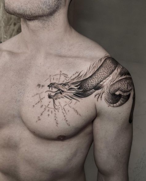 Dragon Tattoo Shoulder, Dragon Tattoo Chest, Dragon Tattoo Ideas, Dragon Tattoos For Men, Japanese Dragon Tattoo, Yin Yang Tattoos, Mens Shoulder Tattoo, Dragon Tattoos, Bicep Tattoo