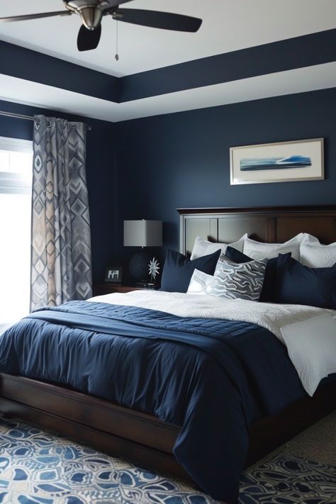 Blue Comforter Bedroom, Bedroom Theater, Masculine Bedroom Ideas, Navy Blue Bedroom Ideas, Navy Blue Bedroom, Men's Bedroom, Navy Blue Bedrooms, Blue Bedroom Design, Concession Stands