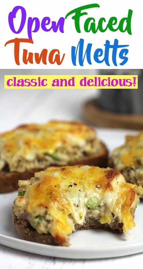 Open Faced Tuna Melts are a staple menu item at our home. A great, tasty, weeknight meal that includes canned tuna, celery, red onion, and spices - all piled high on bread, topped with cheese! | suebeehomemaker.com | #openfacedtunamelts #tunamelts #cheesytunamelts Tuna Fish Melt Sandwich, Tuna Melt Recipe Open Face English Muffin, Tuna Puffs Recipes, Spicy Tuna Melt Sandwich, Tuna Melt Recipe Open Face, Tuna Bunwiches, Mini Tuna Melts, Tuna Melt Sandwich In Oven, Tuna Melts Sandwich