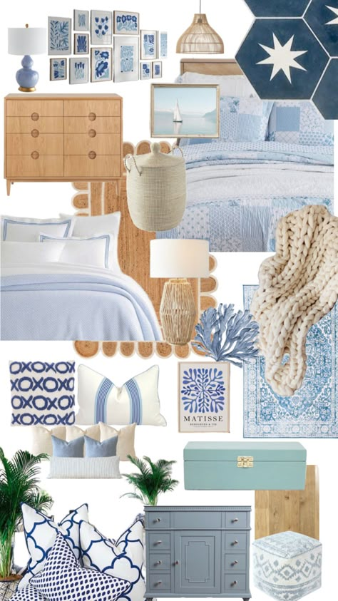 Room Decor Ocean Theme, Stolkhome Room, Mama Mia Room Aesthetic, Room Ideas Aesthetic Blue, Costal Grandma Aesthetic Room, Blue Beach Bedroom, Navy And Pink Bedroom, Blue Room Themes, White Gold Room