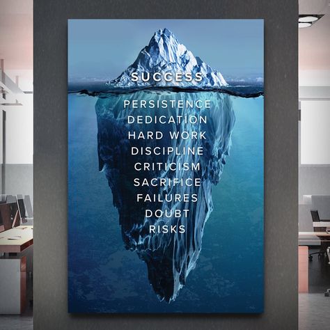 "Success Is An Iceberg" Inspirational Canvas Art by Motiversity. Success is an iceberg; You can see what's on the surface but not everything it takes to get there. The hard work, dedication, persistence, discipline, sacrifice, criticism, doubt, risks and failures are hiding below. It's an incredible reminder of all the work that goes into becoming successful. Whether you're above the water or below it, the Success Iceberg motivational poster is something that can and should motivate you everyday Success Iceberg, Laws Of Nature, Inspirational Canvas Art, Underwater Art, Music Motivation, College Board, Fabric Poster, Travel Money, Beneath The Surface