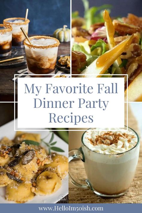 Discover how to host a fall dinner party that will delights your guests with my latest fall recipes blog post featuring my favorite fall dinner party recipes. From a pumpkin spice white Russian recipe to my favorite homemade butternut squash ravioli recipe, these fall get-together recipes are perfect for creating a cozy and inviting dinner party that everyone will remember. Click the link to read more today! Apps For Dinner Party, Fall Dinner Hosting, Fall Farm To Table Dinner, Pumpkin Themed Dinner Party, Hosting Fall Dinner Party, Dinner Party For 6 Menu Food, Autumn Get Together, Fall Party Food Ideas For A Crowd Dinner, Half Baked Harvest Recipes Dinners