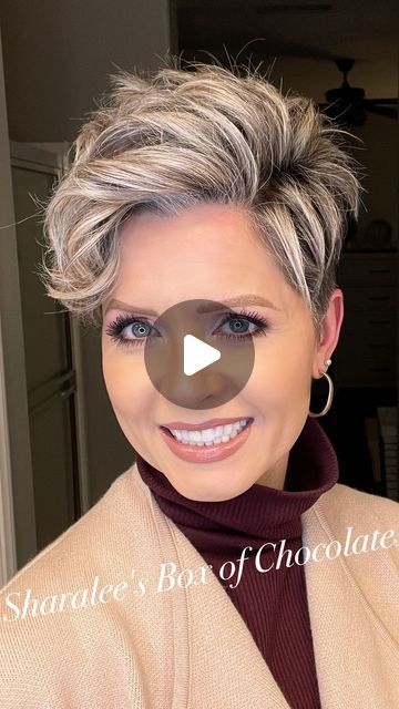 Sharalee's Box of Chocolates on Instagram: "A little hair fun with the curling iron😆😘 Check out the full tutorial with products on my YouTube channel🎬 Link in my bio: @sharaleesboxofchocolates  #pixiecut #pixiestyle  #undercutpixie #hairtutorial #pixiesarefun #curlypixie" Curling Pixie Hair, Curled Pixie Cut, Pixie Cut Styles, Short Hair Images, How To Curl Short Hair, Box Of Chocolates, Short Curly Haircuts, Edgy Short Hair, Short Hair Tutorial