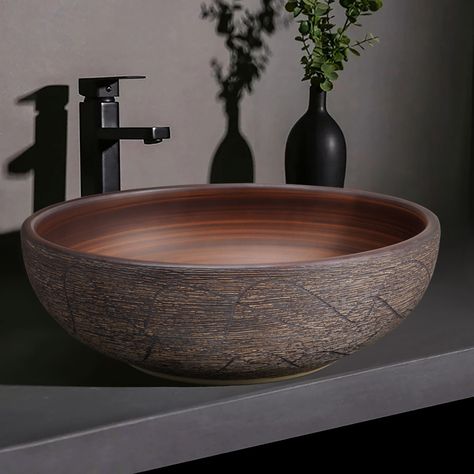 This round sink will add style to any bathroom. Thanks to its special finish, this sink is modern and stylish. You can use this creative ceramic sink as a practical vessel and decorative piece in your home. It can be used in various settings and is also super simple to clean. The ceramic structure is of the highest quality, refined, and robust, and the pattern on the basin is handmade. It adds a touch of elegance to your bathroom with its streamlined shape and efficiency. Beauty of artistic  Dur Wooden Vanity Unit Bathroom, Ceramic Vessel Sink, Vessel Sink Powder Room, Bathroom Sinks Bowl, Bowl Sink Bathroom, Sink Bowls, Unique Bathroom Sinks, White Vessel Sink, Unique Sinks