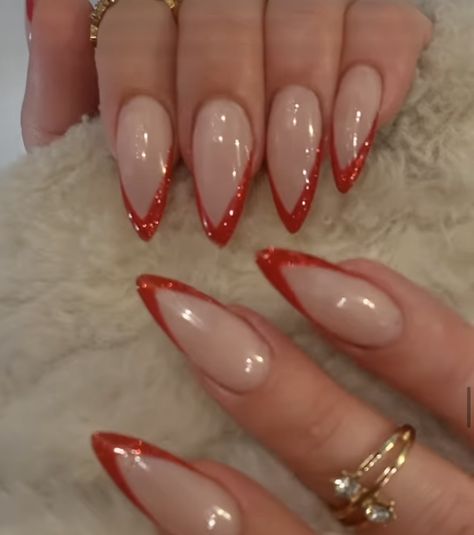 Stilleto Xmas Nails, Red French Stiletto Nails, Red French Tip Nails Stiletto, French Stiletto Nails, Red Sparkle Nails, Red French Tip Nails, Red French Tip, Red Stiletto Nails, Red French