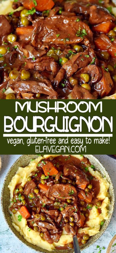 Rich and flavorful vegan mushroom bourguignon, perfect for any night of the week. A creamy and hearty vegetarian dish, with all the aspects of a supreme comfort food. This recipe is naturally gluten-free, dairy-free, soy-free, and easy to make. #MUSHROOMBOURGUIGNON #elasrecipes elavegan.com Vegan Mushroom Bourguignon, Mushroom Bourguignon, Vegetarian Dish, Vegan Mushroom, Meat Appetizers, Easy Comfort Food, Savory Vegan, Vegan Comfort Food, Dinner Healthy