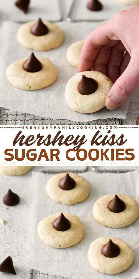 Don't miss out on this holiday baking recipe! It's a Christmas dessert idea for your get-together. Soft and chewy with chocolate candy on top, these Hershey Kiss Sugar Cookies are just perfect. Impress everyone with these easy Christmas cookies! Sugar Cookies With Hershey Kisses, Holiday Brunch Ideas Christmas, Brunch Ideas Christmas, Kiss Sugar Cookies, Hershey Kiss Sugar Cookies, Cookies With Hershey Kisses, Hershey Kisses Recipes, Dishes For Christmas Dinner, Holiday Brunch Ideas