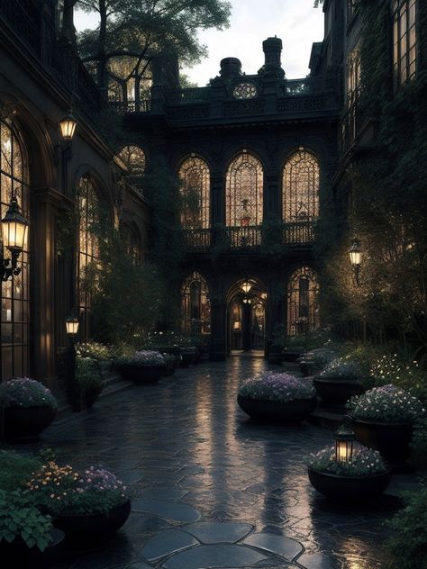 Gothic Outdoor, Fancy Buildings, Fantasy Manor House, Gothic Hacienda, Spanish Victorian, Black Manor, Dark Manor Exterior, Victorian Courtyard, Gothic Manor Aesthetic