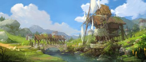 ArtStation - windmill, Paperblue .net Treasure Planet Concept Art, Planet Concept Art, Old Windmills, Fantasy Worlds, Landscape Concept, Studio Ghibli Art, Treasure Planet, Fantasy Setting, Futuristic Art