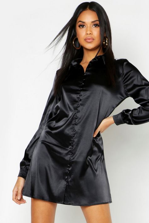 Satin Self-Fabric Button Shirt Dress | boohoo Cherry Blossom Night, Satin Shirt Outfit, Sleepwear Women Nightwear, Satin Pajama Sets, Satin Outfits, Edie Sedgwick, Outfit Baddie, Satin Nightie, Satin Nightgown