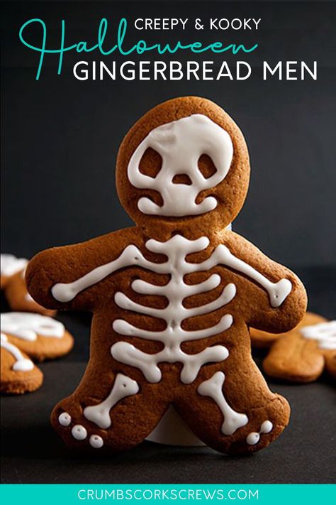 They're creepy and kooky, and all together cuties! How could you not resist these adorable Halloween Gingerbread Skeleton Men for the spookiest night of the year. Perfect for trick or treaters!  #halloween #halloweenrecipe #gingerbread #cookies Halloween Themed Appetizers, Treats And Sweets, Halloween Gingerbread, Gingerbread Cookie Dough, Sweets Ideas, Spooky Halloween Treats, Halloween Treats For Kids, Halloween Treats Easy, Halloween Appetizers