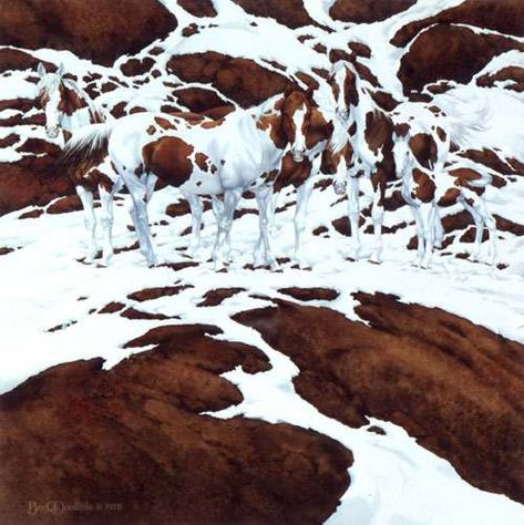 'Pintos' (1978), Bev Doolittle. Credited with "camouflage art", the American artist focuses on nature and native America. WHERE? The watercolor was issued as prints. Bev Doolittle Prints, Scary Optical Illusions, Evergreen Art, Image Illusion, Illusion Kunst, Bev Doolittle, Horses In Snow, Magic Illusions, Painted Horses