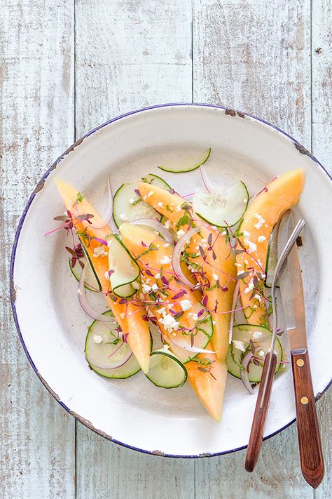 Cantaloupe and Cucumber Feta Salad via Bakers Royale Cucumber Mint Salad, Cucumber Feta Salad, Summer Boredom, Teeth Grinding, Resep Salad, Mint Salad, Feta Salad, Hair Pulling, I'm Bored