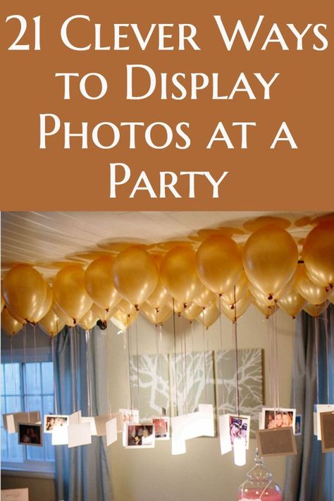 Party Decoration Ideas - Looking for clever ways to display photos at a party?  Find 20+ easy DIY ways to display pictures at any party - birthday, anniversary, engagement or wedding!  #party #partyideas #partydecor #birthdayparty #partydecorations #anniversaryparty Ways To Display Pictures, Easy Birthday Party Decorations, Ways To Display Photos, Photo Centerpieces, 50th Wedding Anniversary Decorations, 75th Birthday Parties, Party Decoration Ideas, 50th Birthday Party Decorations, 90th Birthday Parties