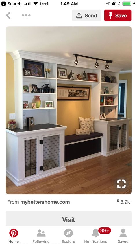 Corner Kennel Furniture, Built In Tv Wall Unit With Dog Kennel, Indoor Dog Space, Dog Crate Bench Seat, Dog Creates Furniture, Pet Area In House, Garage Dog Kennel, Built In Dog Kennel, Built In Dog Bed