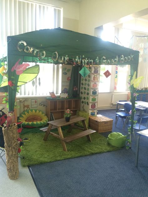 Camping Classroom Reading Area Library Kindergarten 1B1 Book Area Classroom, Camping Reading Corner, Book Corners Classroom Reading Areas, Preschool Reading Area, Kindergarten Reading Corner, Library Kindergarten, Kidmin Decor, Butterfly Classroom, Acton Academy