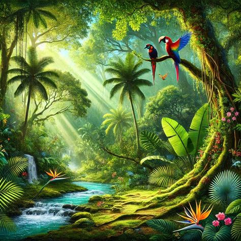 Immerse yourself in the vibrant beauty of a jungle paradise with this stunning digital artwork. The intricate details and vivid colors capture the essence of tropical nature, perfect for adding a touch of exotic beauty to your space. The image size is 1024 x 1024 pixels, and the DPI (dots per inch) is 72. Jungle Art Tropical, Tropical Forest Painting, Jungle Color Palette, Jungle Collage, Beautiful Rainforest, Jungle Artwork, Jungle Images, Jungle Paradise, Jungle Background