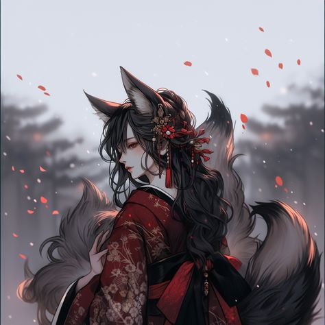 Kitsune 9 Tails, Black Kitsune Art, Black Red And White Aesthetic, Anime Fox Woman, Gumiho Aesthetic, Kitsune Girl Art, Fox Girl Art, Kitsune Character Design, Kitsune Woman